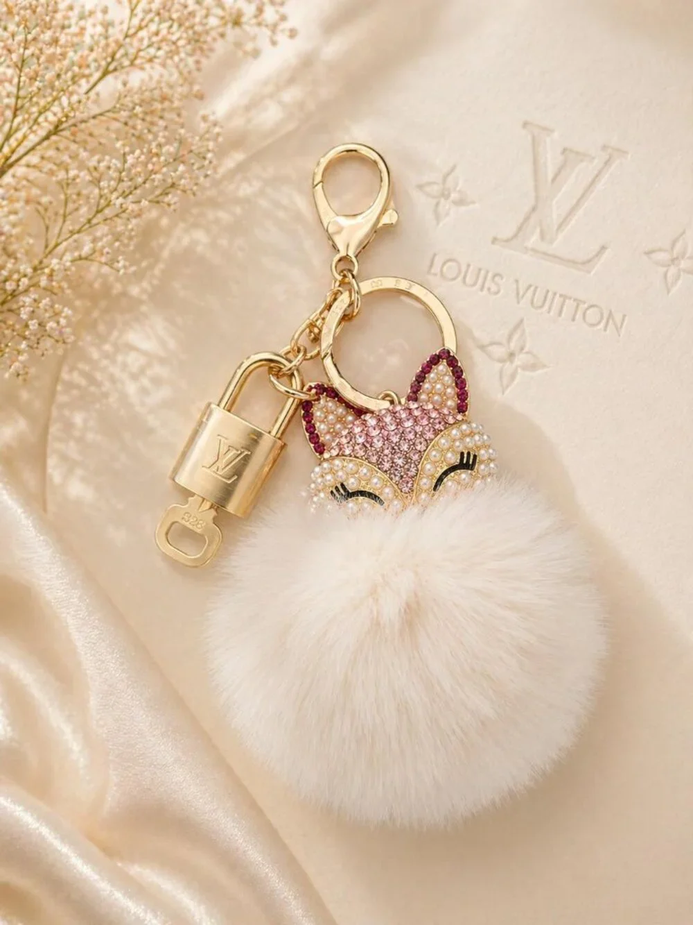 LV Authentic Gold Padlock 🔒 Key Set w/ Unbranded Fox Pom-pom Keychain Charm